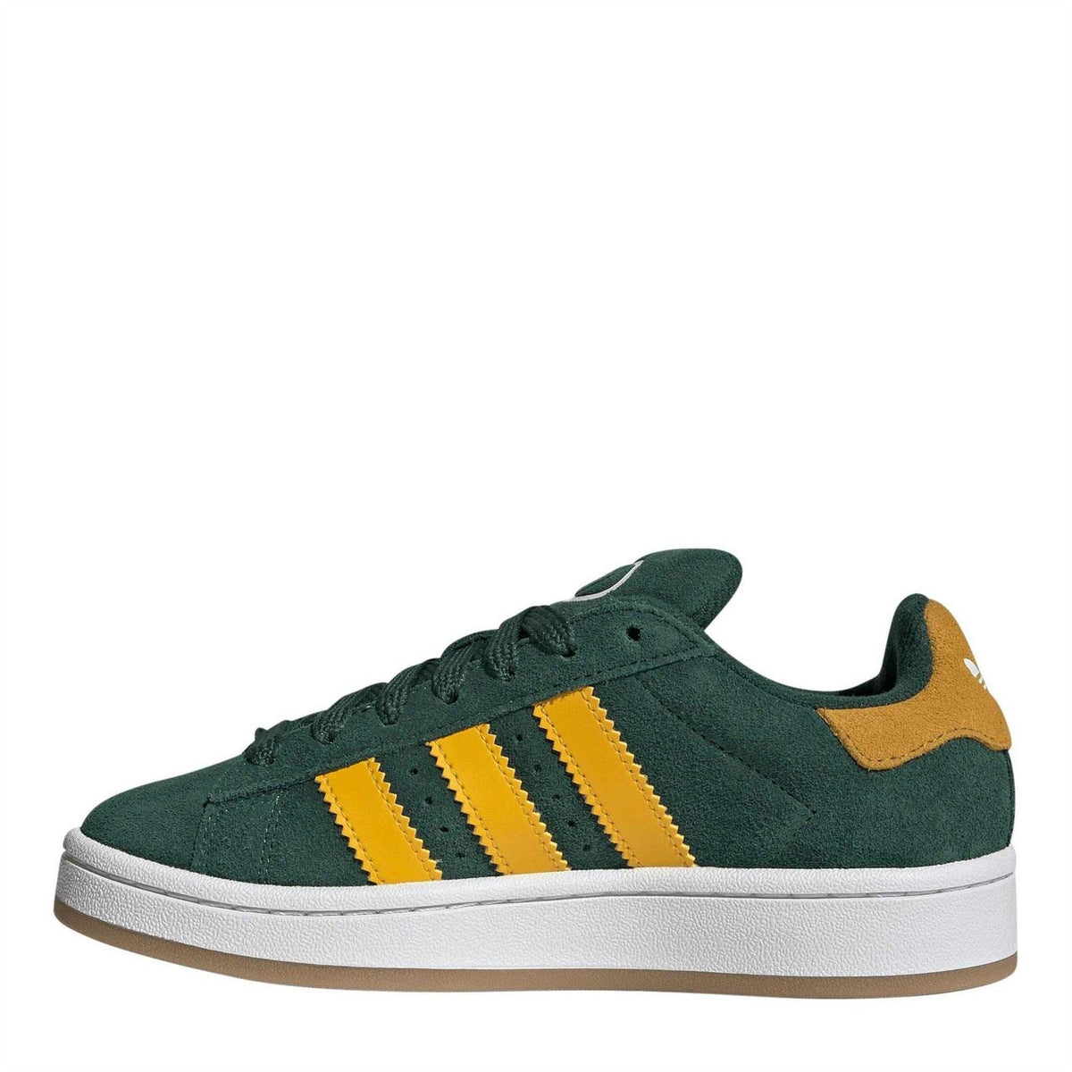 Green Campus sneakers with lace-up front, yellow stripes, and white midsole