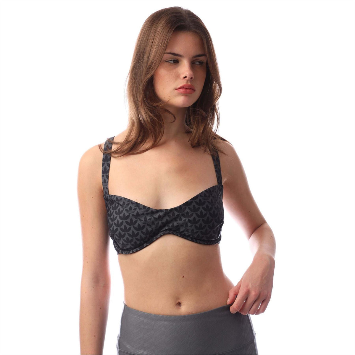 Black patterned plus-size bikini top with underwire cups and adjustable straps