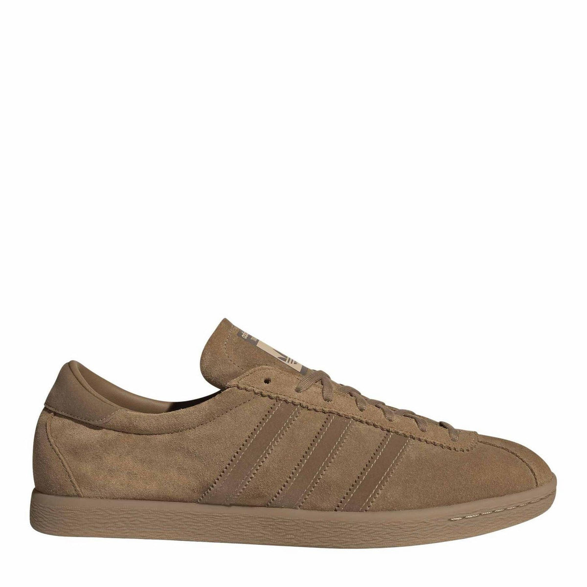 Tan adidas Originals trainer, suede upper with three stripes and gum-style rubber sole