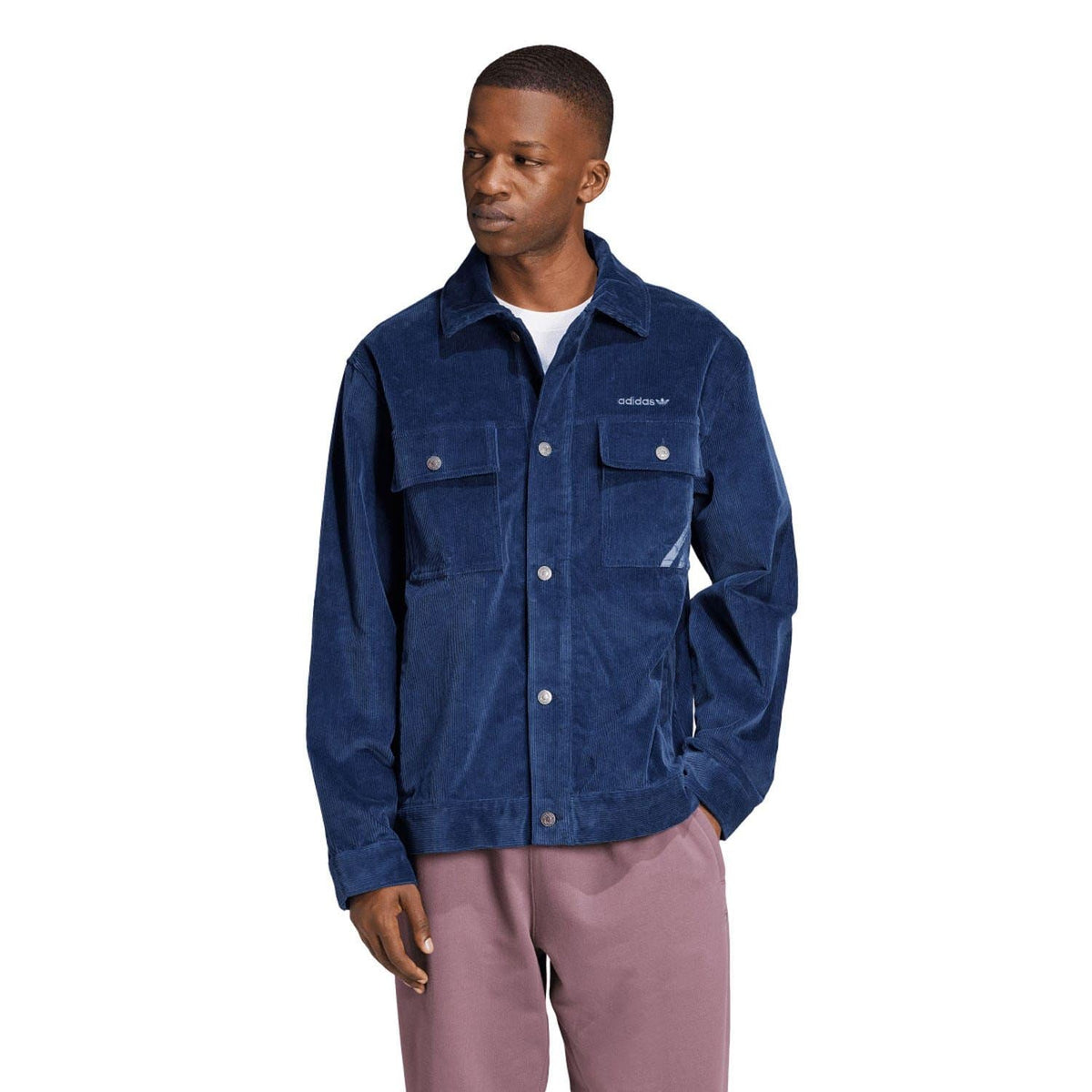 Indigo corduroy coach overshirt, button front, two flap chest pockets