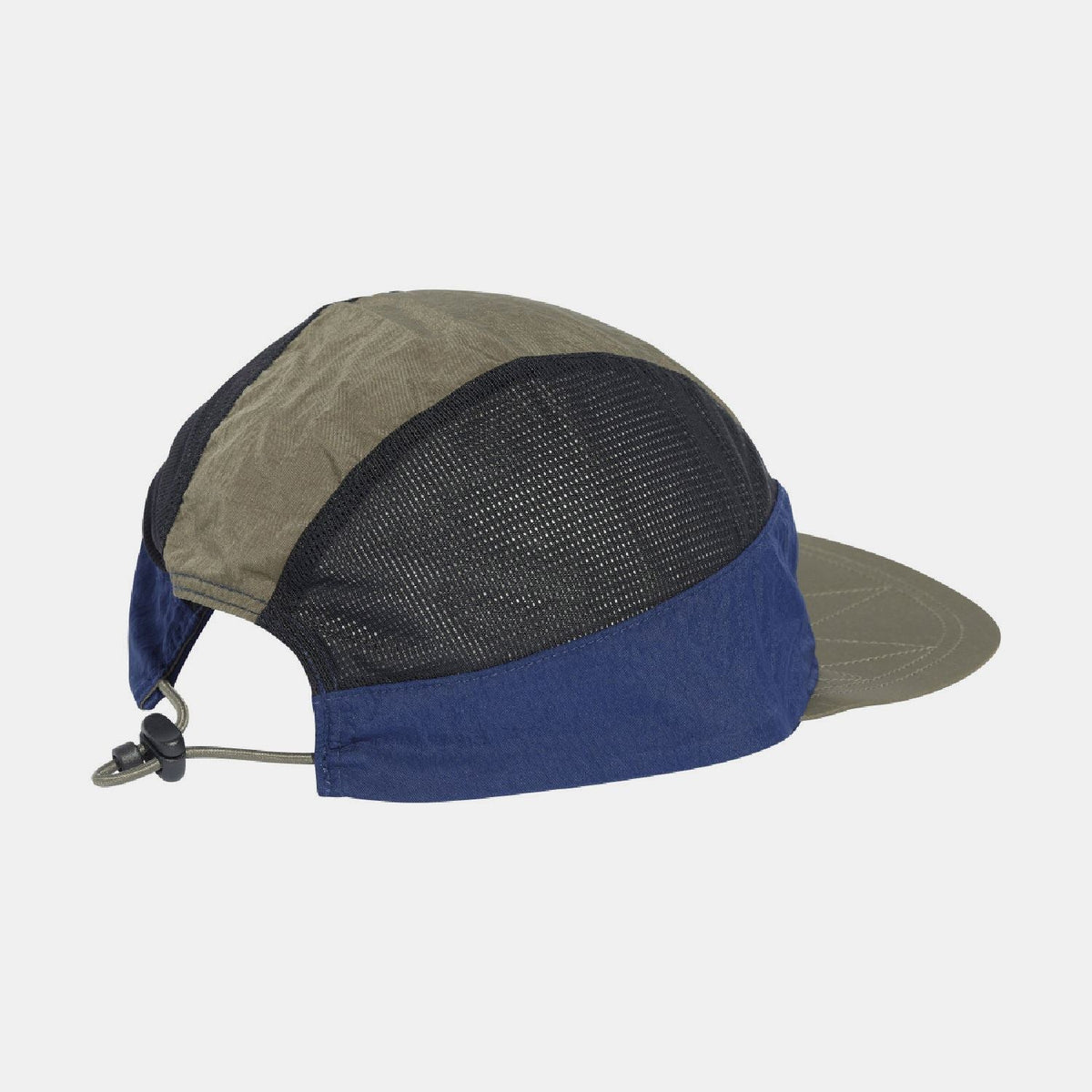 Two-tone fabric cap with olive top, blue band, and side mesh panel