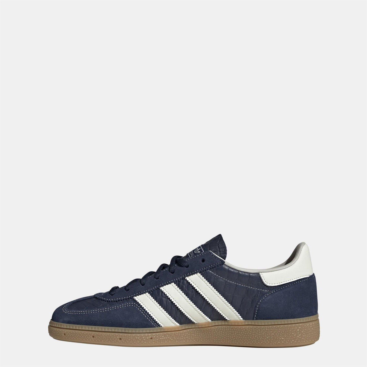 Navy suede sneaker with white three stripes and lace-up front