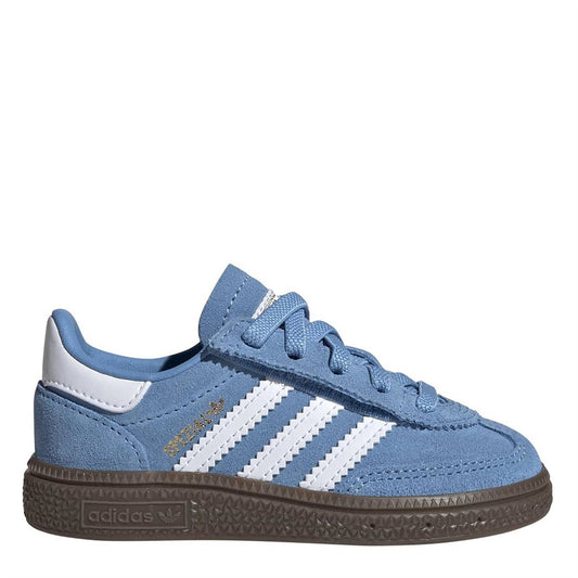 Light blue adidas sneakers with white stripes and brown gum sole