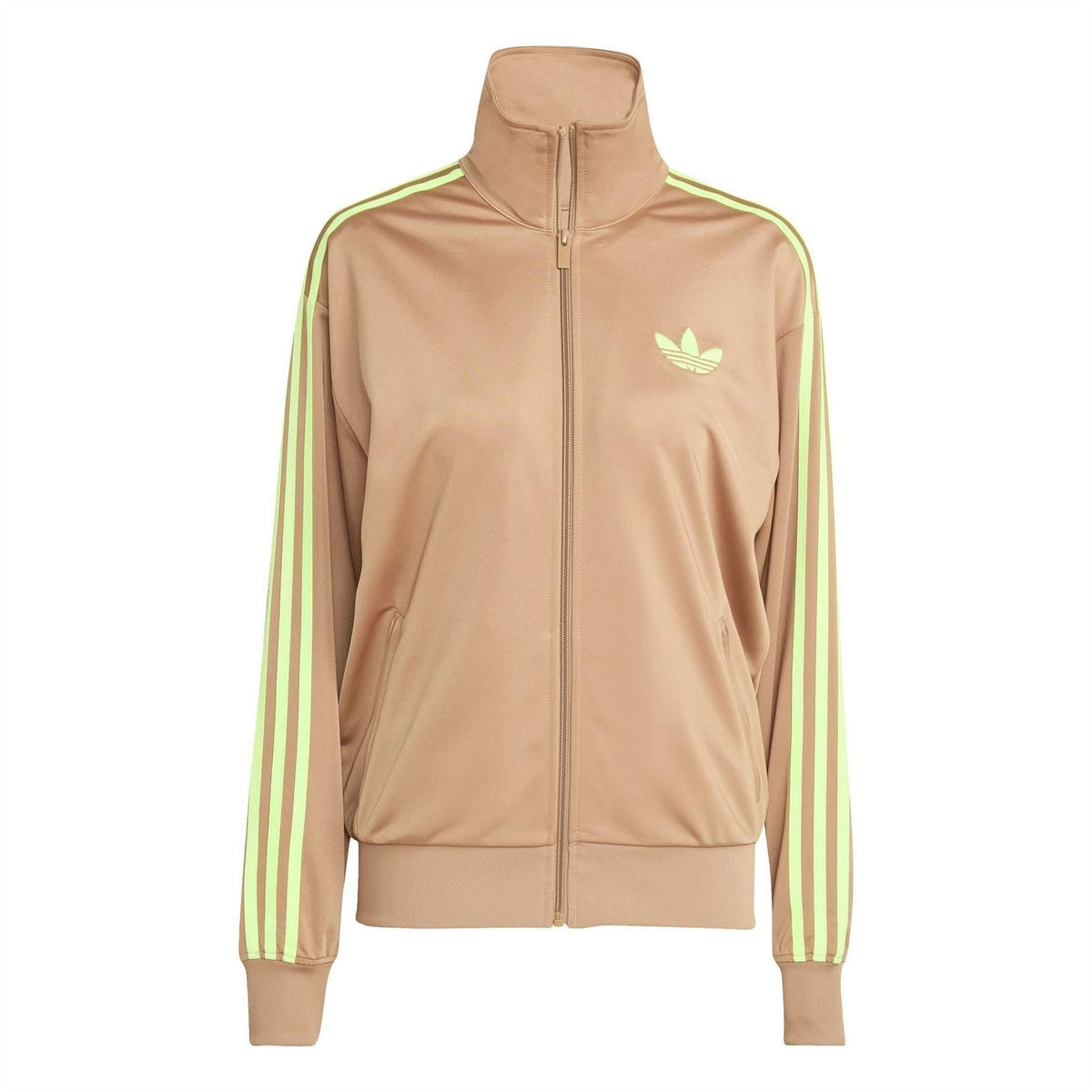 Tan track jacket with full zip, stand collar, and neon green triple-stripe sleeves