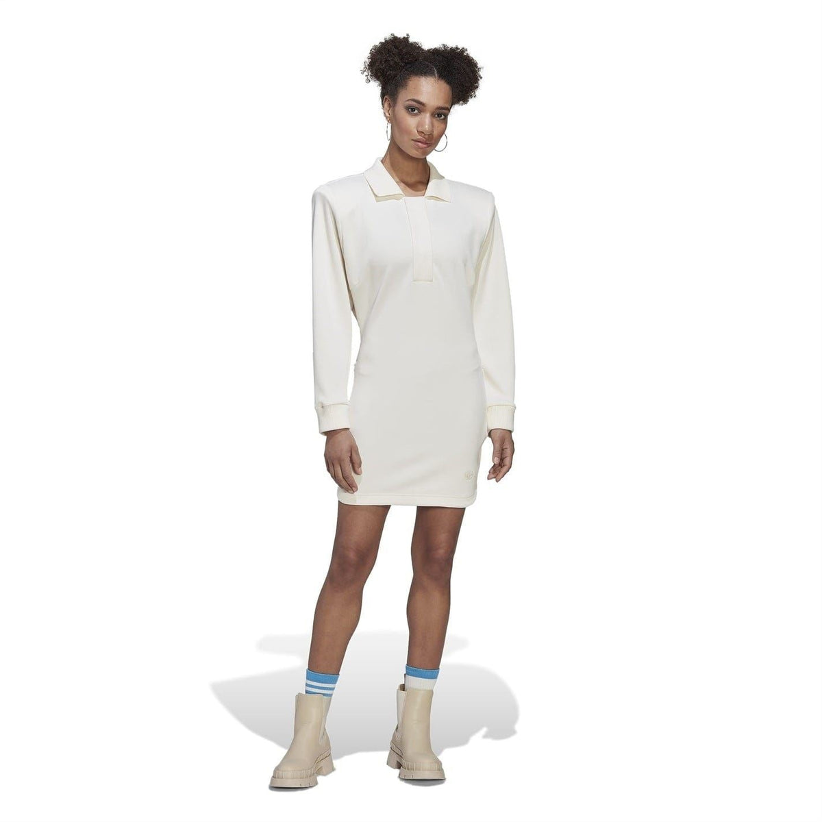 adidas Originals collared mini shirtdress, chalk white, long sleeves, front