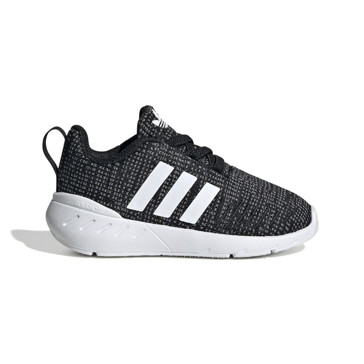 Infant black knit running trainers with white adidas-style stripes and lace-up closure