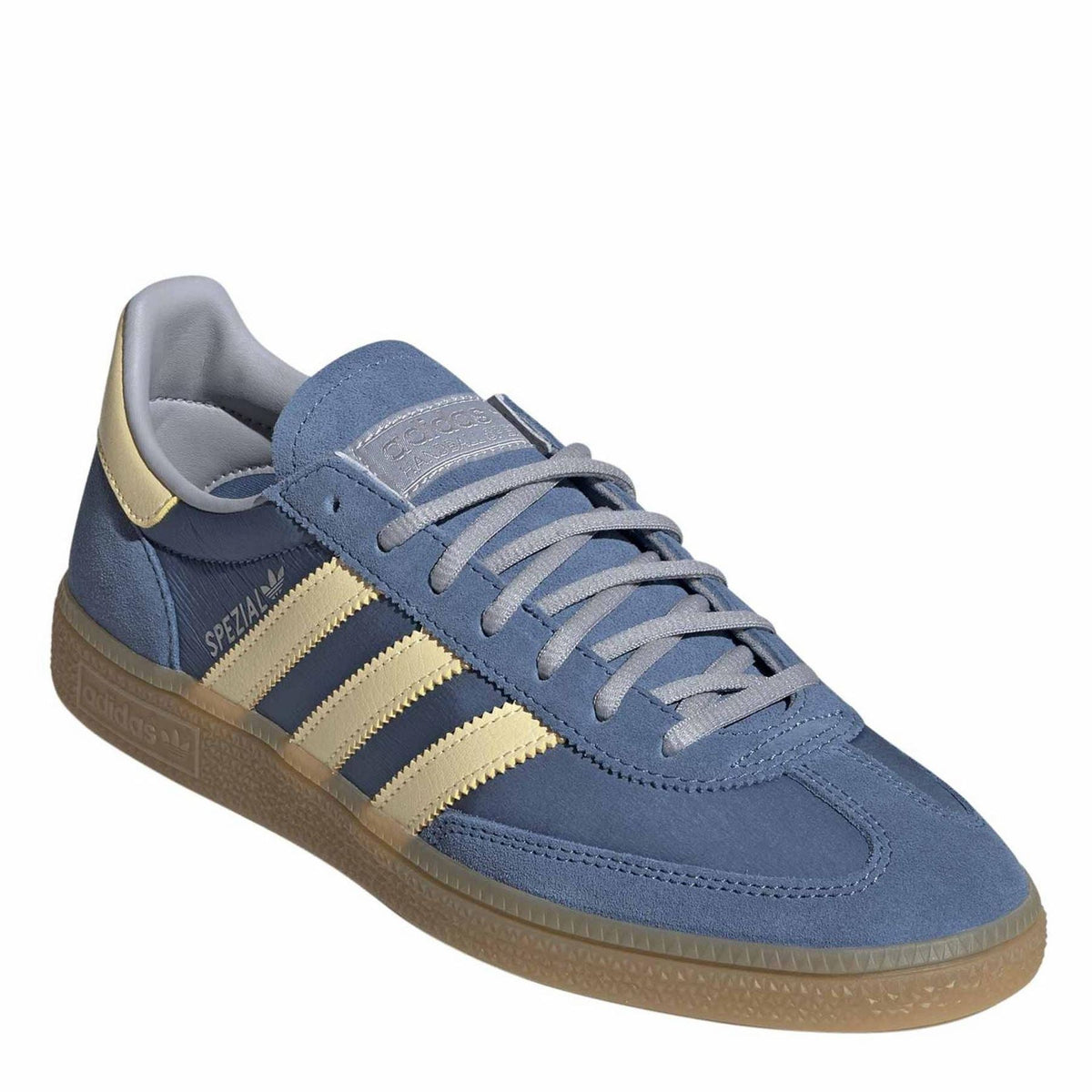 adidas Spezial trainers, dusty blue upper with cream stripes and lace-up front