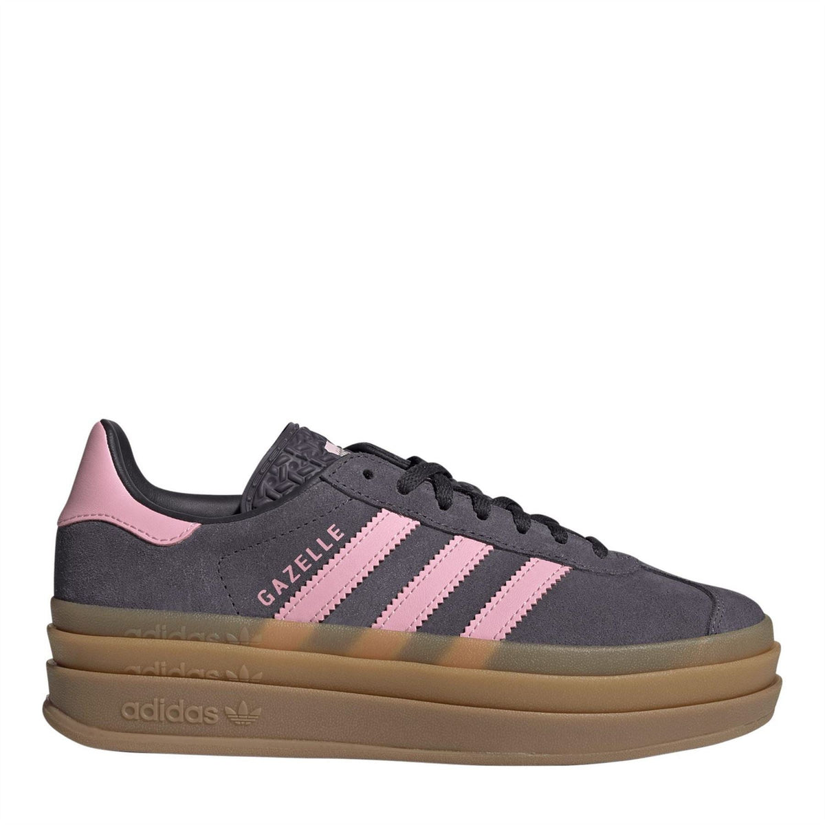 Dark gray Gazelle Bold sneakers with pink stripes and pink heel accents