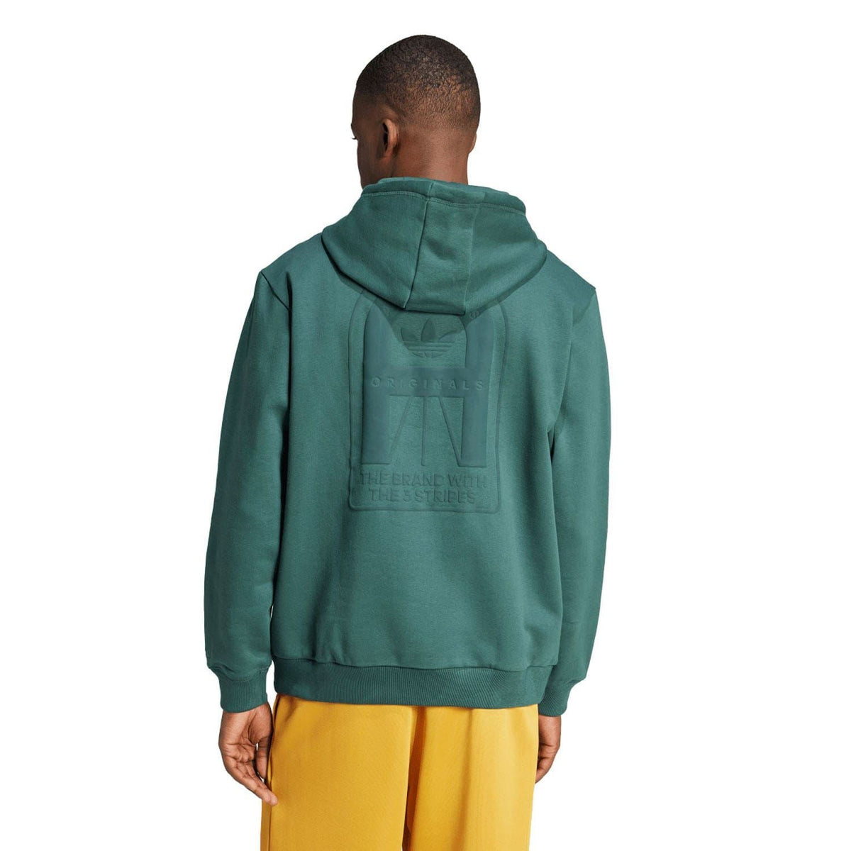 Green adidas Originals graphic hoodie, back view with hood and faint logo print