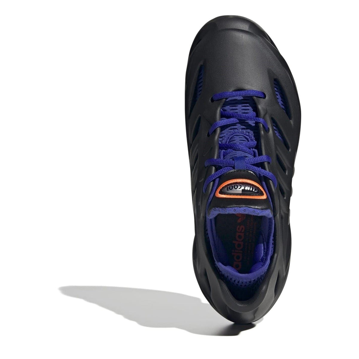 Black adidas Adifom Climcl sneaker profile with purple-blue lace panel