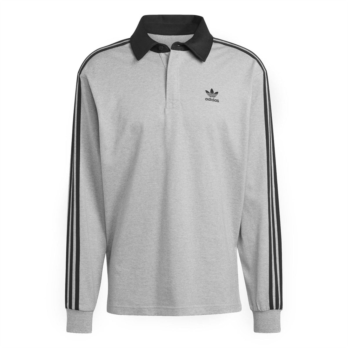 Grey rugby polo shirt with black collar and cuffs, adidas logo, three-stripe sleeves.