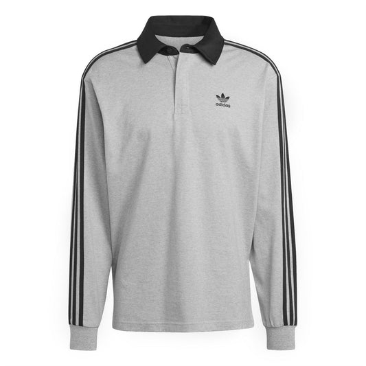 Grey rugby polo shirt with black collar and cuffs, adidas logo, three-stripe sleeves.