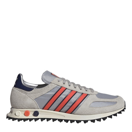 Grey lace-up sneakers with red and white triple stripes, padded collar, rubber outsole