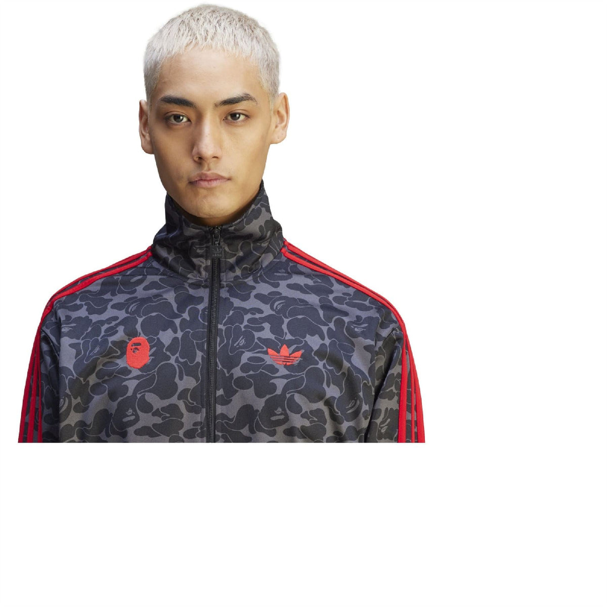Black camo track jacket front with red stripes and full-zip stand collar