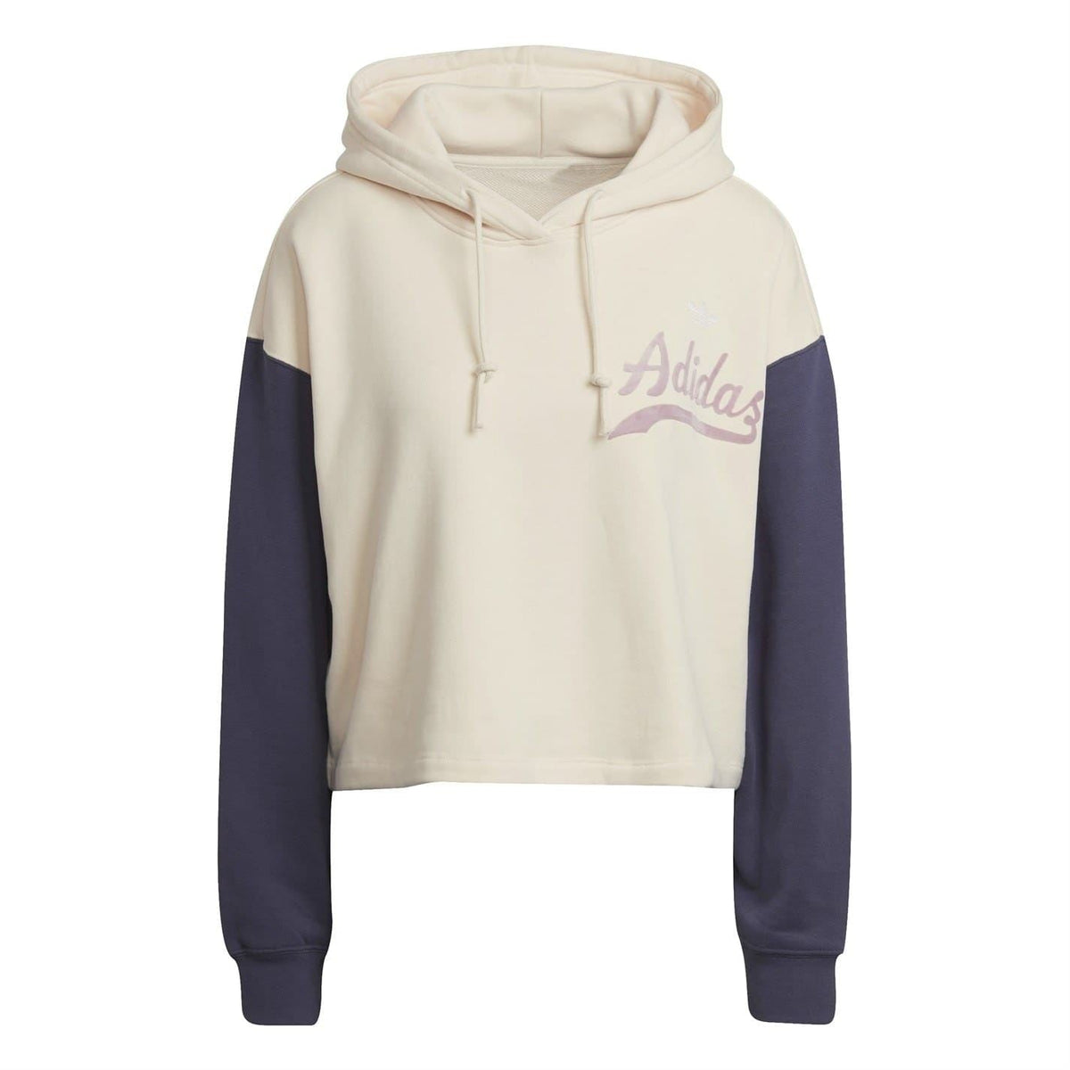 Cropped hooded sweatshirt, cream body with navy sleeves, drawstring hood, relaxed fit