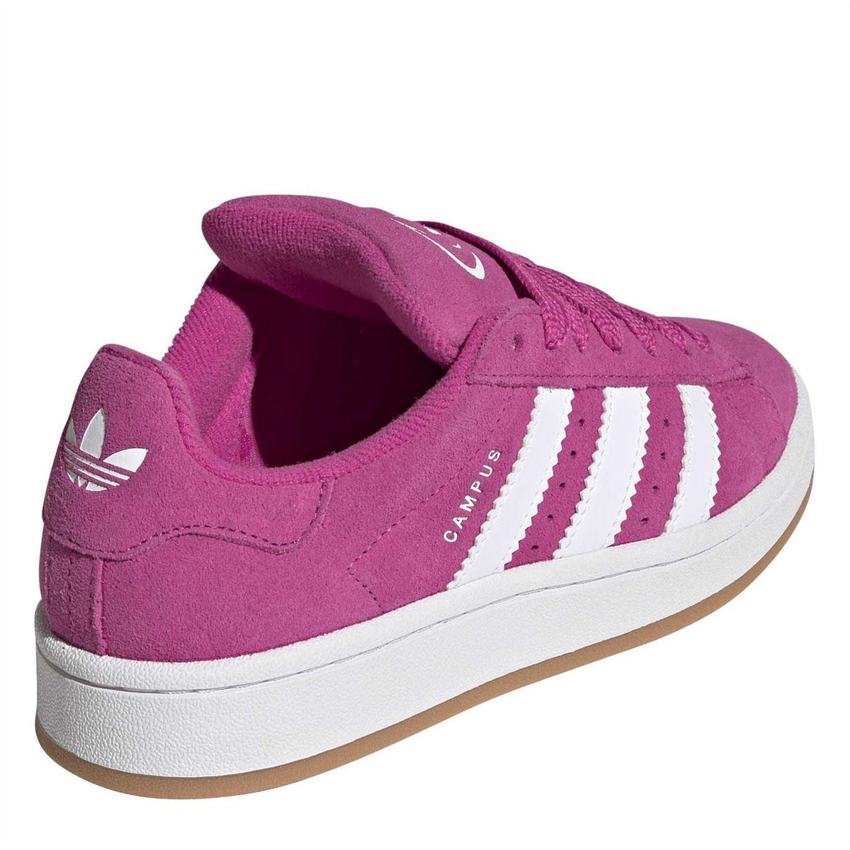 Purple low-top trainers with white three stripes and cushioned collar, heel side view