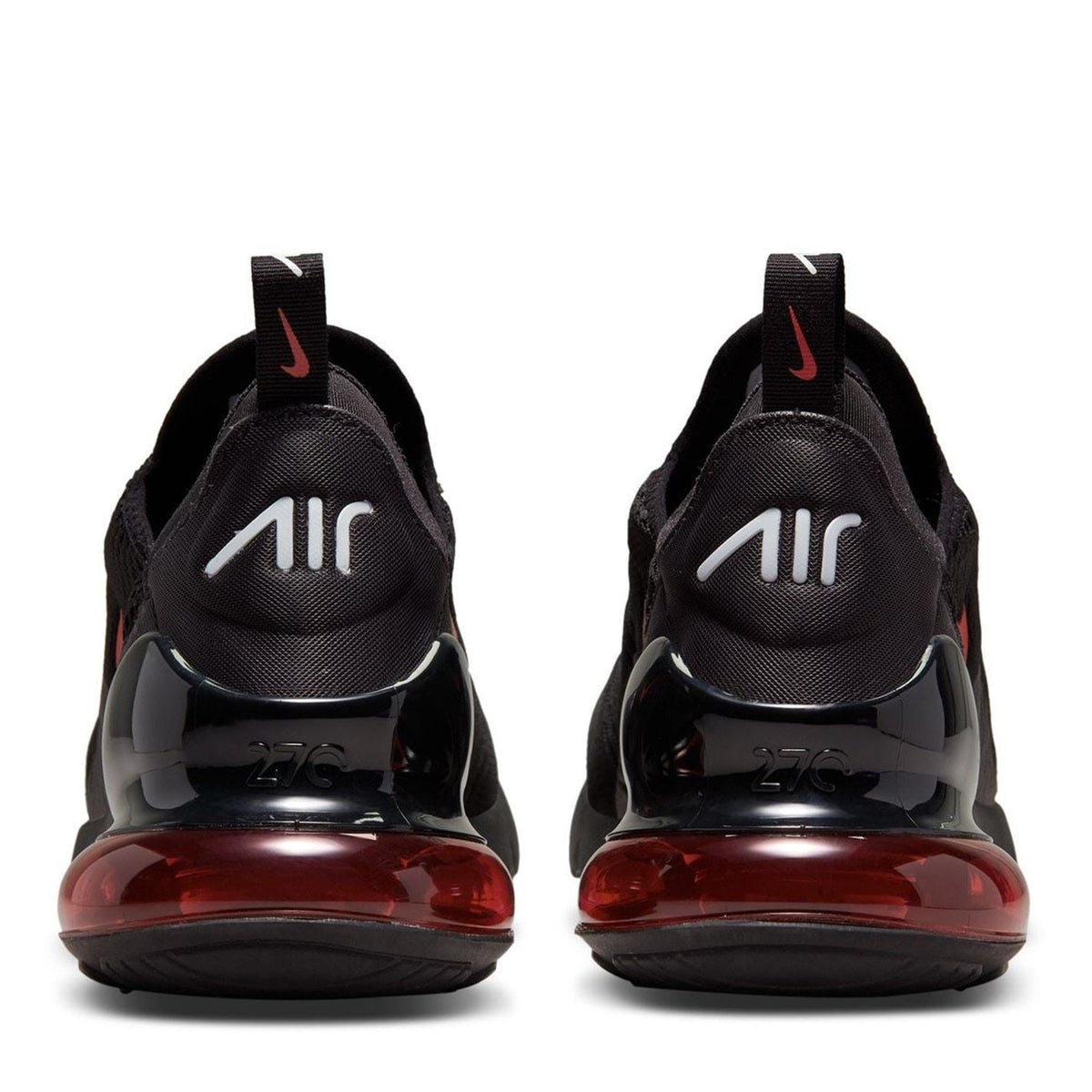 Air Max 270 sneaker rear view in black with red heel air window