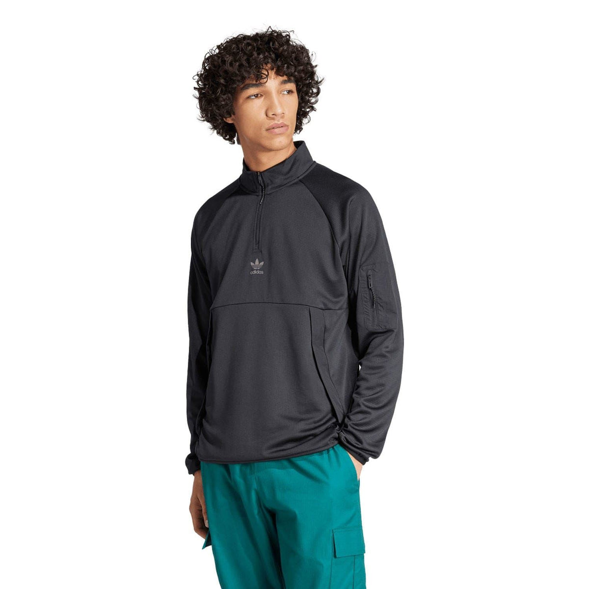 Black adidas Originals quarter-zip top with stand collar and raglan sleeves