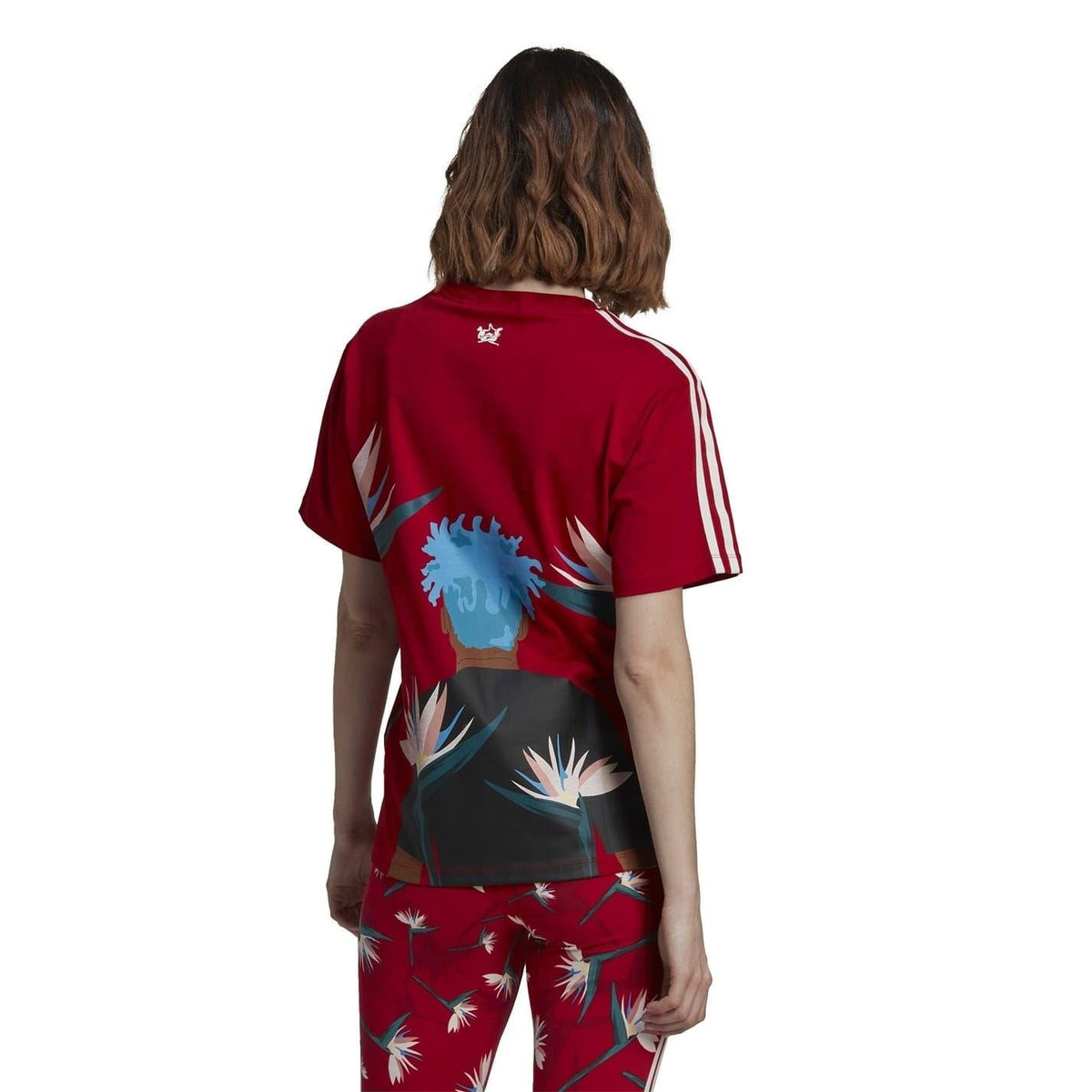 adidas Originals women's X Thebe Magugu T-shirt, casual tops with graphic design, worn by a model on a street background