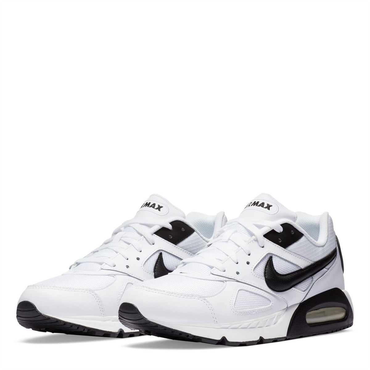 White Nike Air Max Ivo trainers, pair view, black Swoosh and Air window