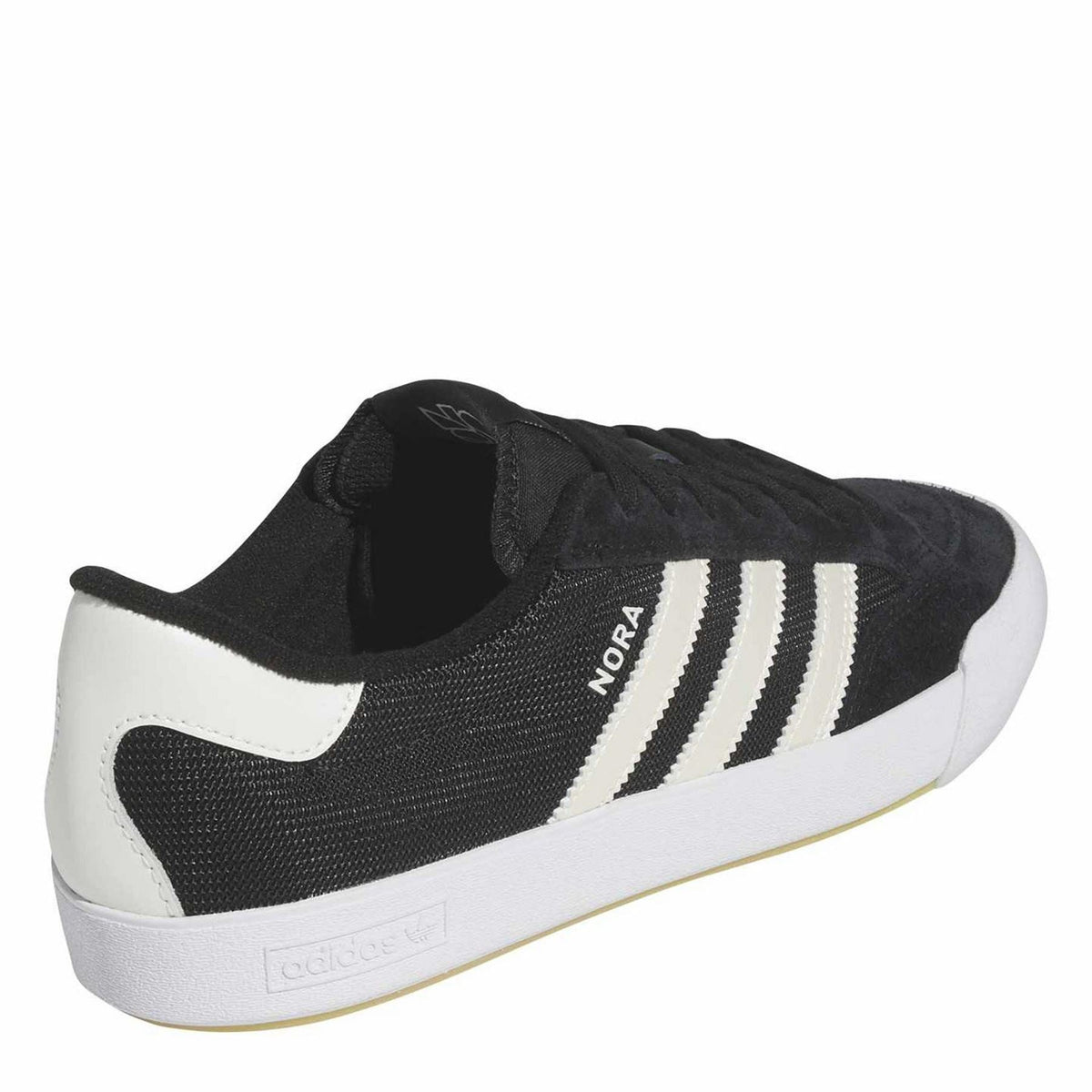 Black trainers with white heel panel and white adidas stripes on the side