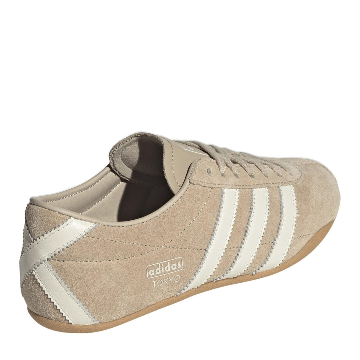 Stone khaki lace-up low top sneakers with white stripes, padded collar, adidas Tokyo