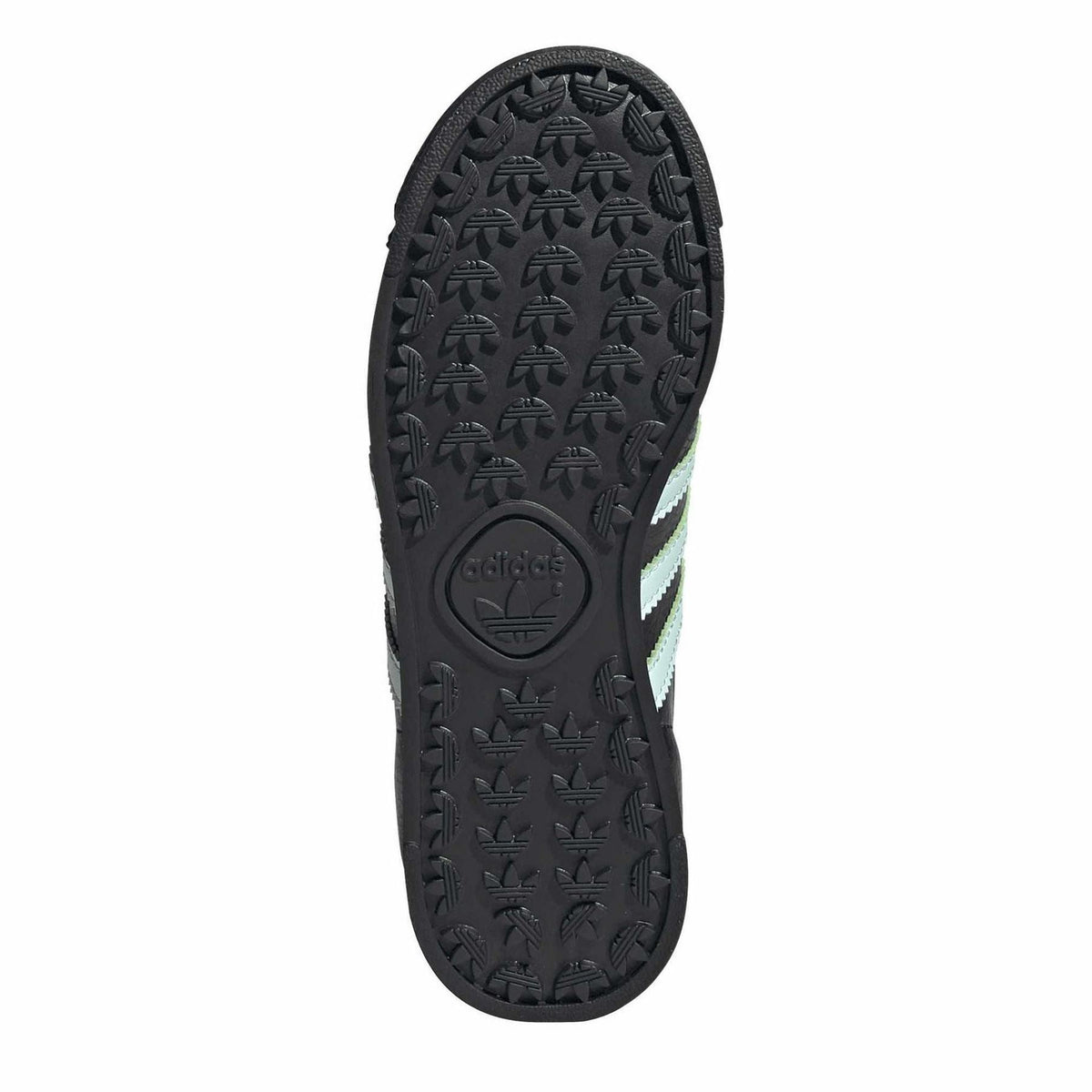 Black rubber outsole for low-top sneakers with mint stripe trim and tread