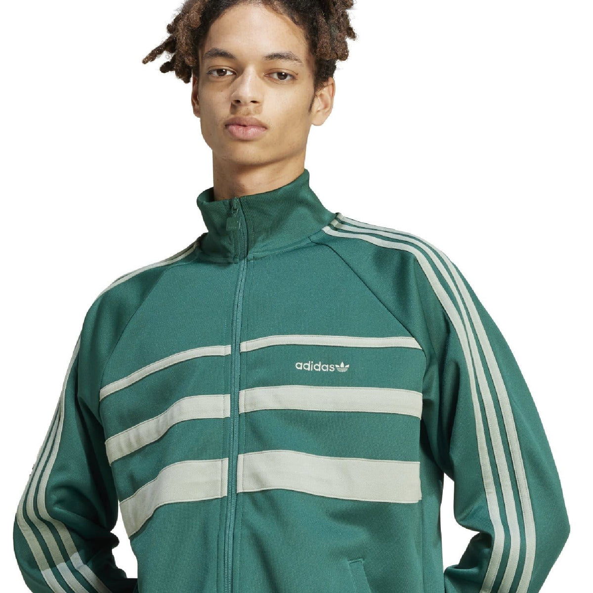 adidas Originals First Track Top in navy with white stripes, featuring a zip-up front and ribbed cuffs, part of adidas Originals tracksuits