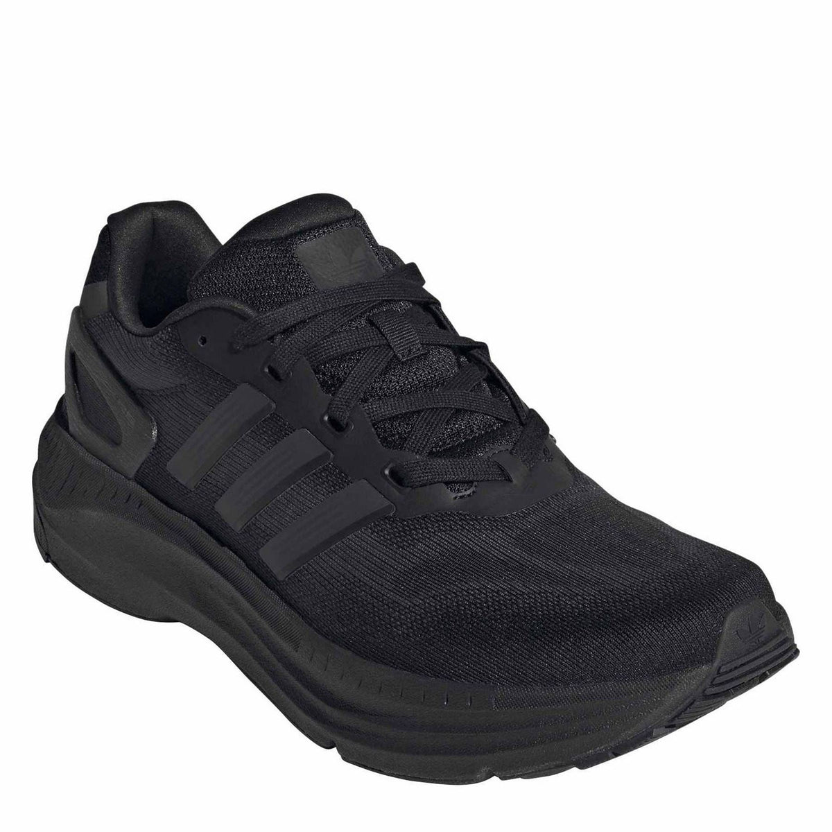 Black lace-up shoe with textured knit-like upper and layered midsole