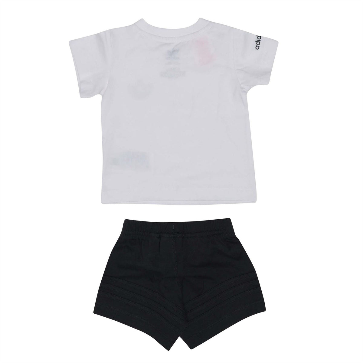 White adidas T-shirt and black shorts set with trefoil logos; adidas on sleeve