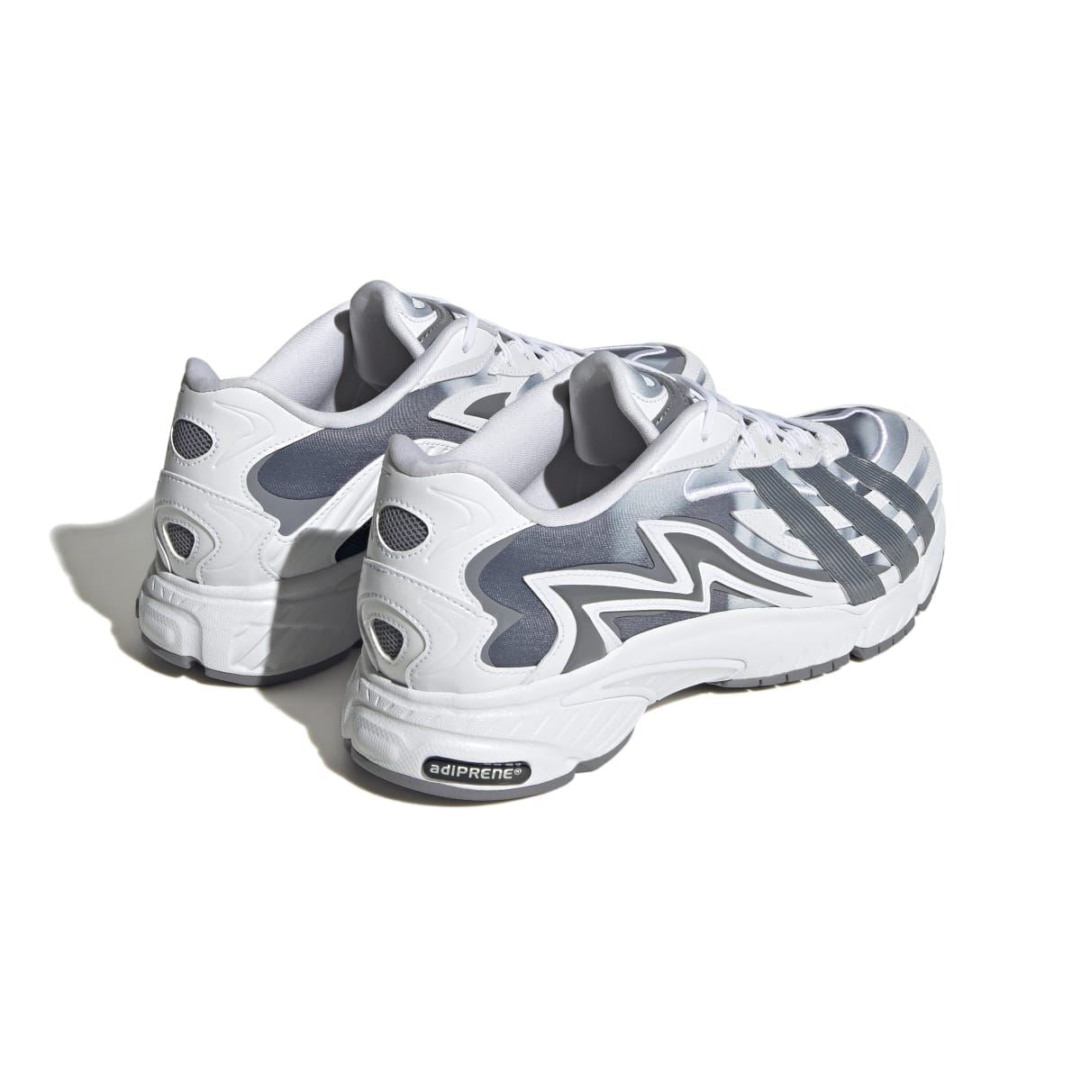 White and grey sneakers, rear and side view with heel support and signature logo