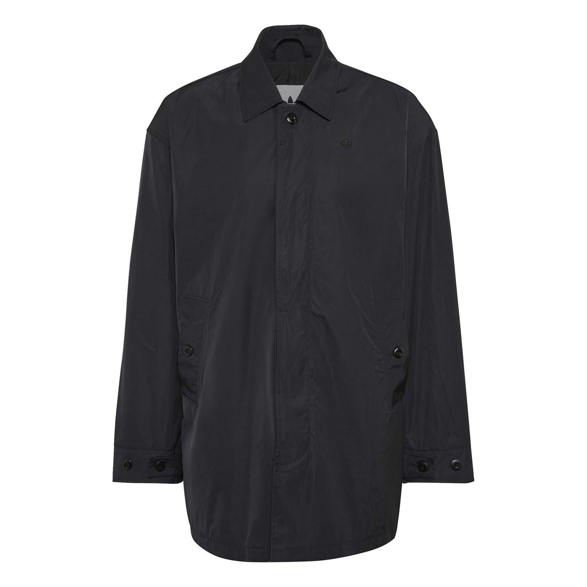 Black men’s jacket with stand collar and button-front, hanging on a hanger.