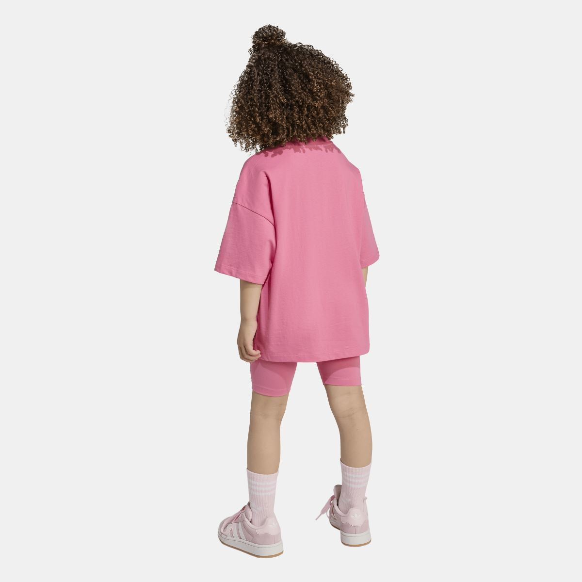 Infants pink adidas T-shirt and shorts set from back view, logo on upper back