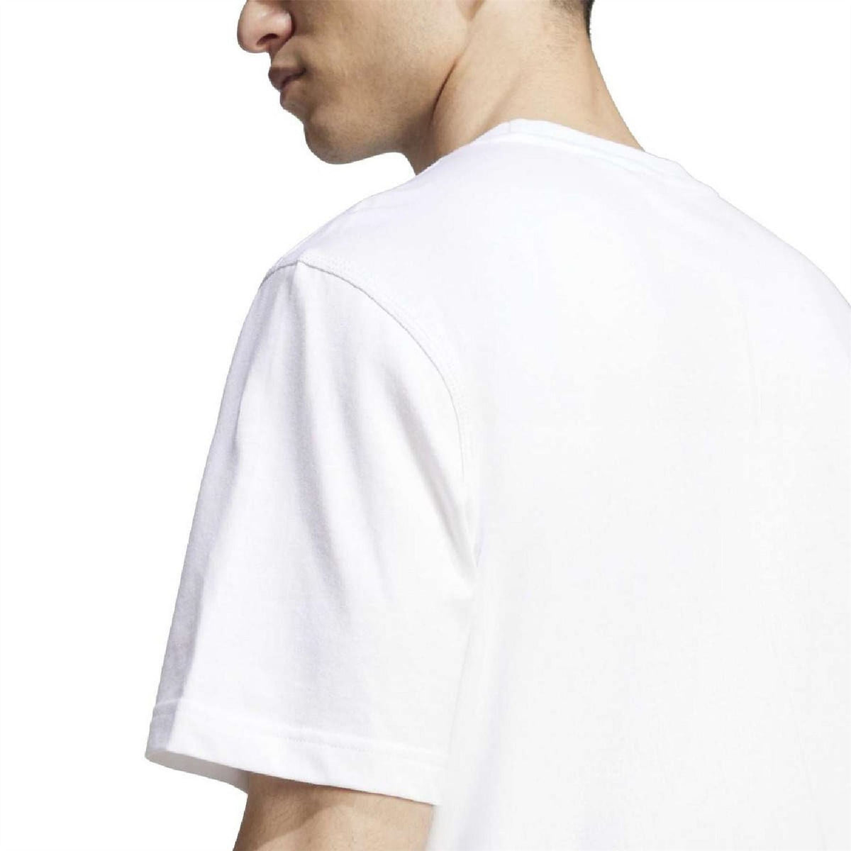 White adidas trefoil essentials T-shirt close-up of back shoulder and short sleeve