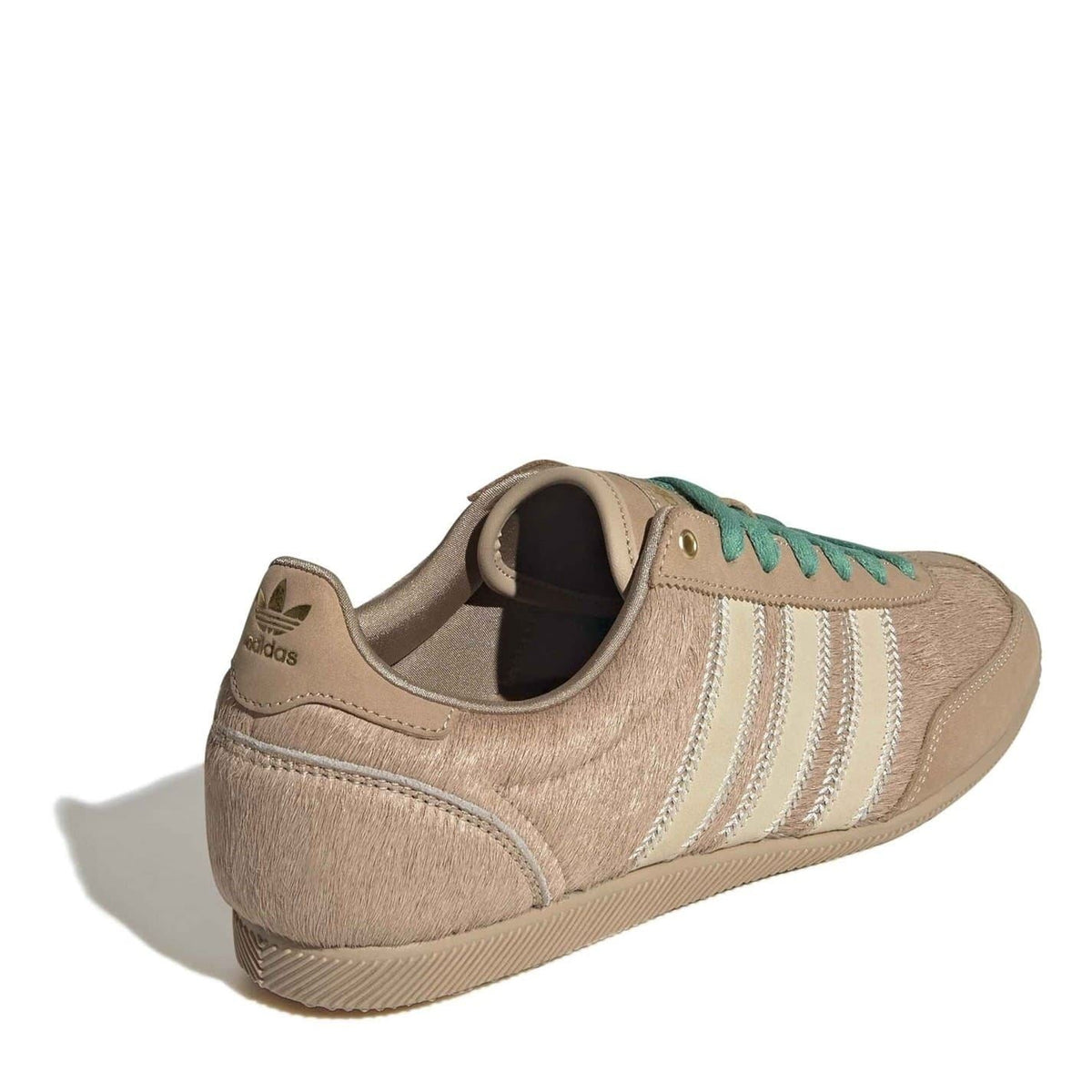 Brown Japan shoes heel view, teal-green laces and striped side panels