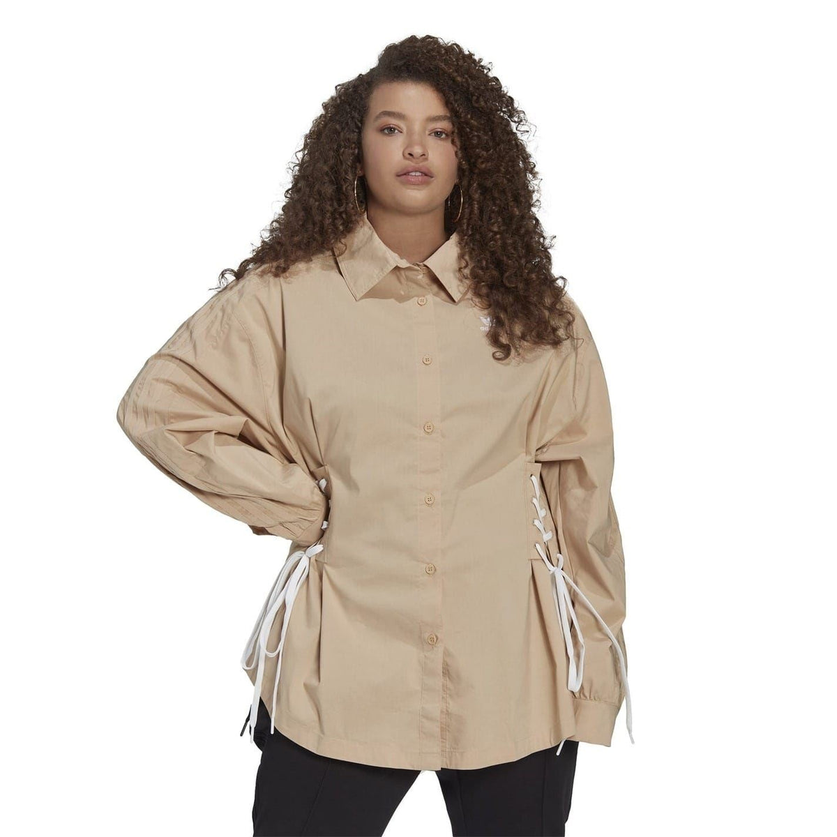 Beige relaxed-fit long-sleeve shirt with button placket and lace-up side ties