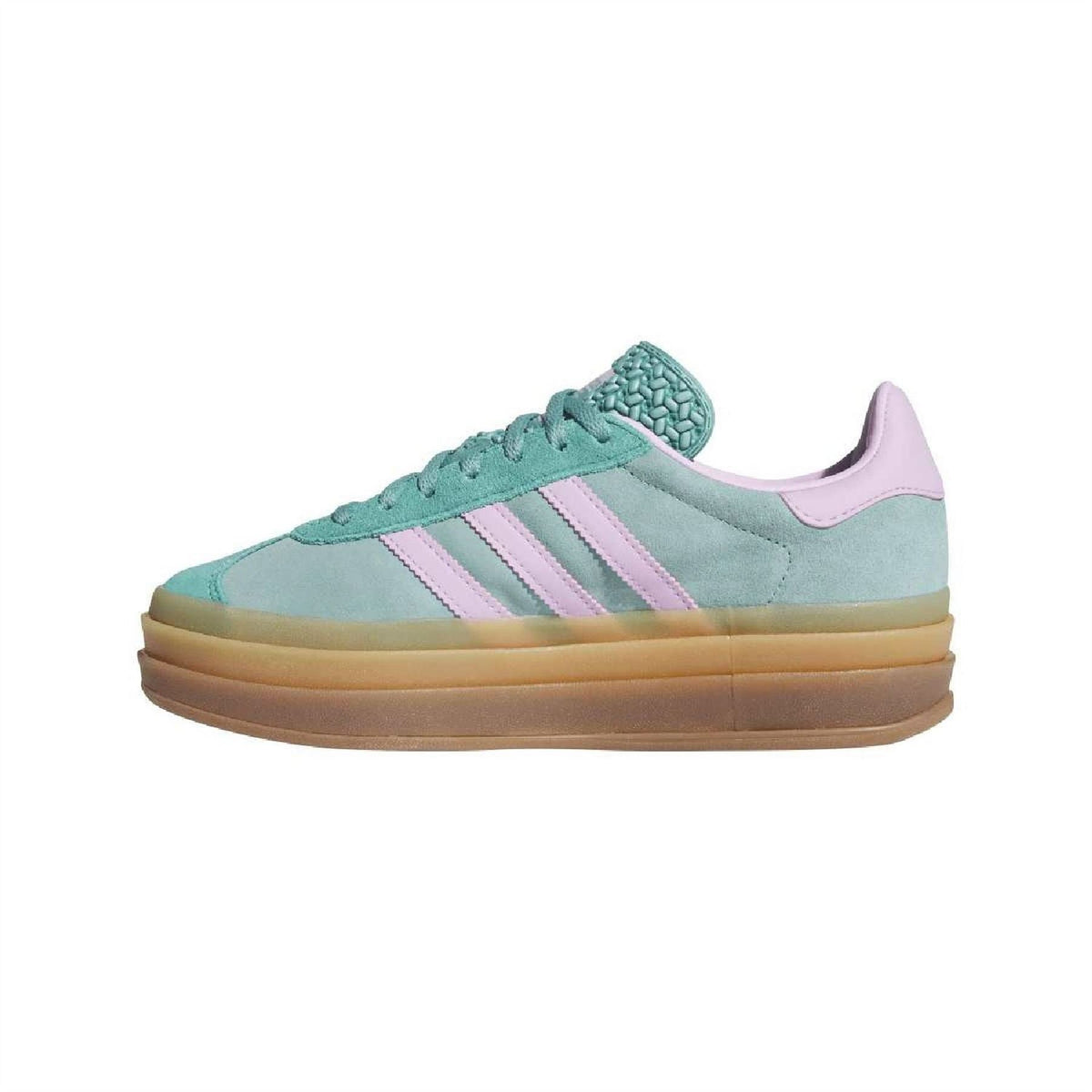 Teal suede Gazelle Bold trainers with lilac lining, three stripes, and gum platform sole