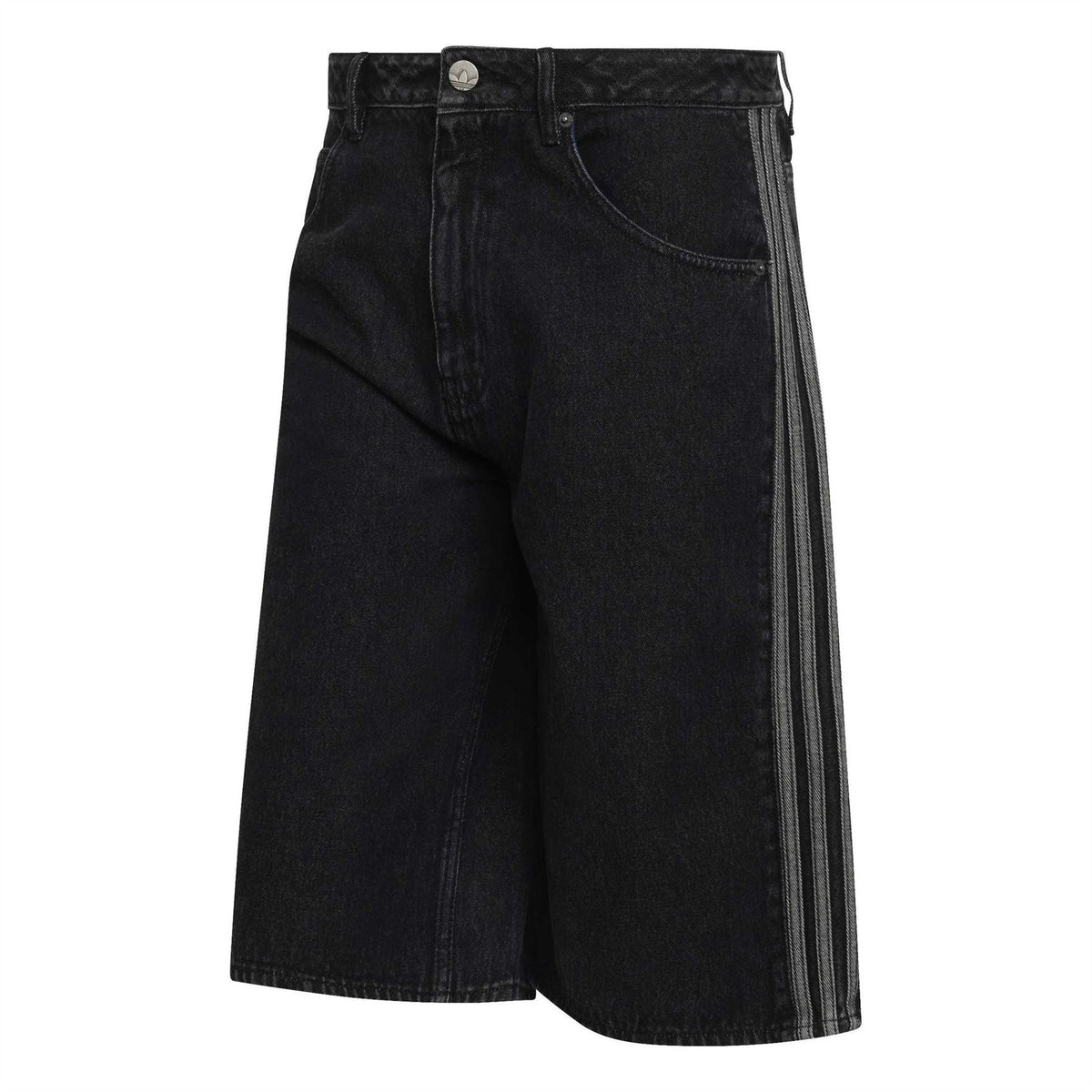 Dark denim shorts, button-and-zip front with side stripe panel and five-pocket design