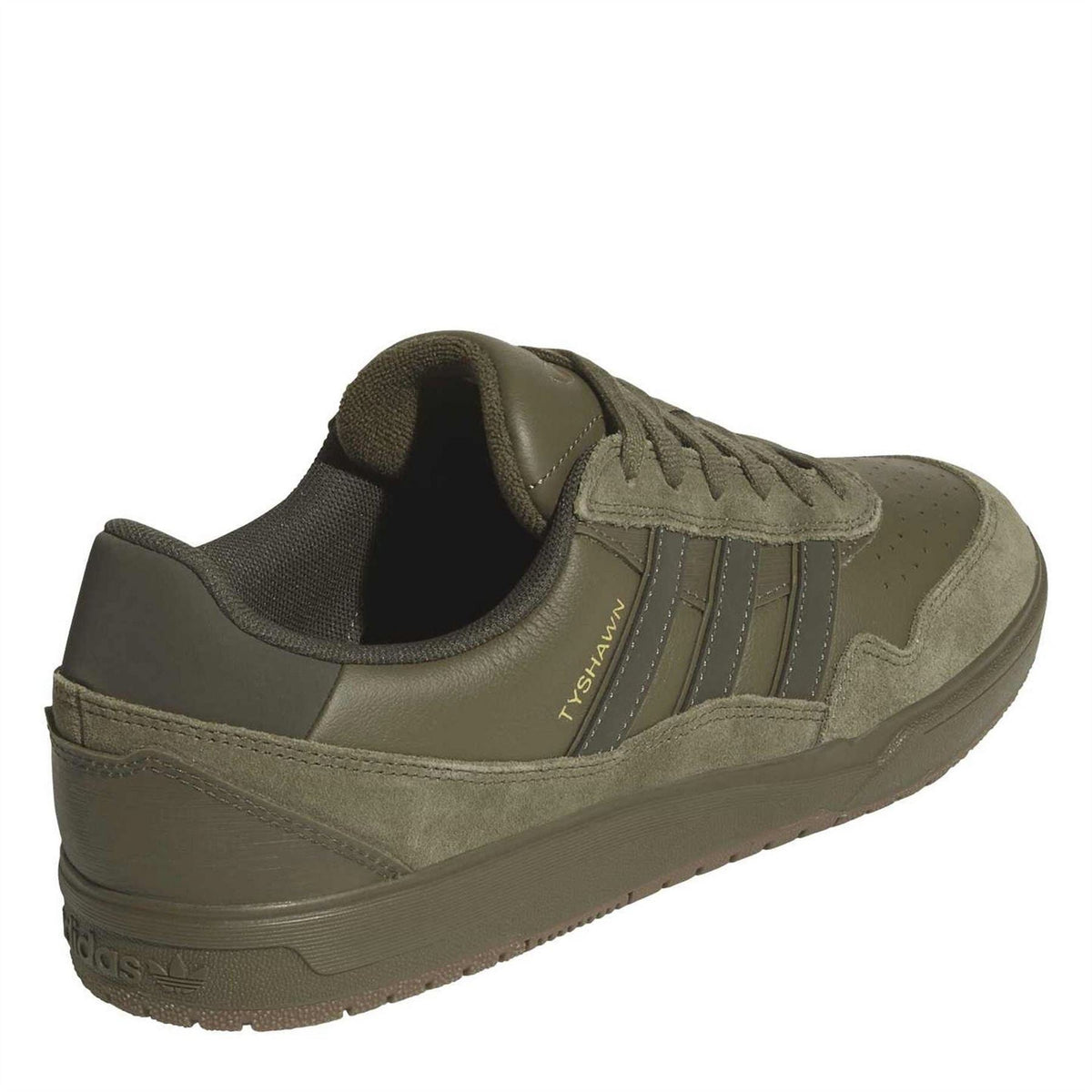 Adidas low-top canvas sneakers, olive suede heel panel and cushioned collar, side/rear