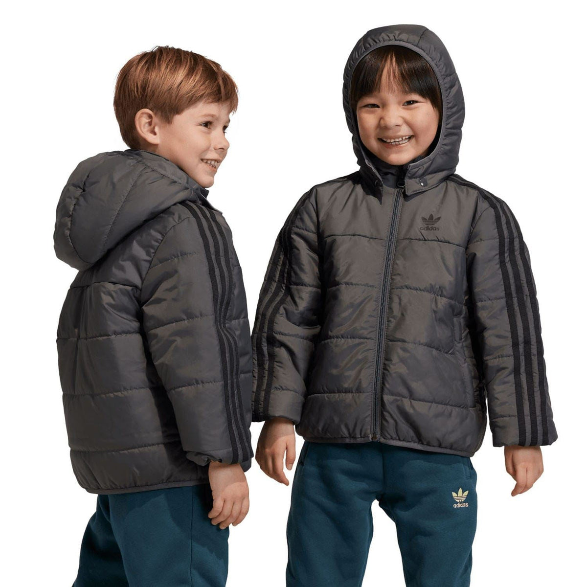 Grey padded hooded jacket for kids with full-zip front and Adidas trefoil logo