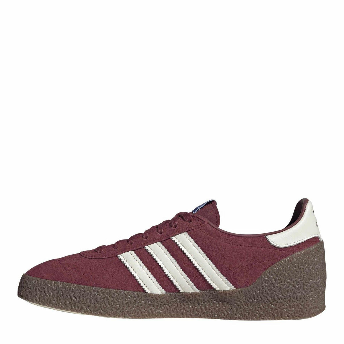 Maroon low-top sneakers, white side stripes and dark textured midsole