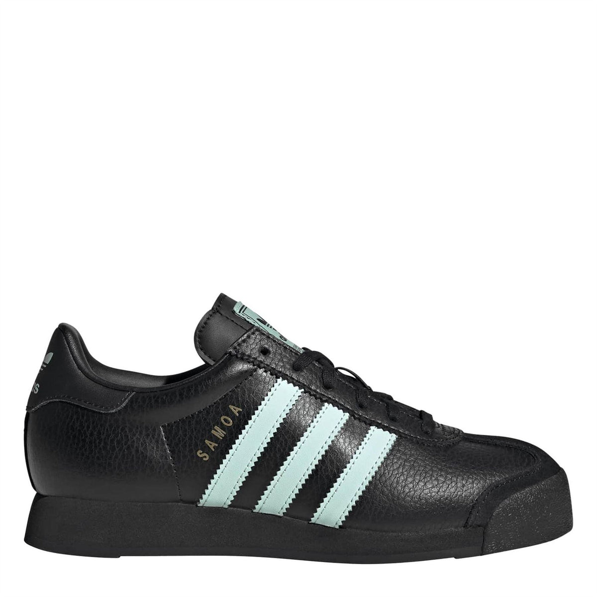 Black low-top sneakers with mint three-stripe side and lace-up front