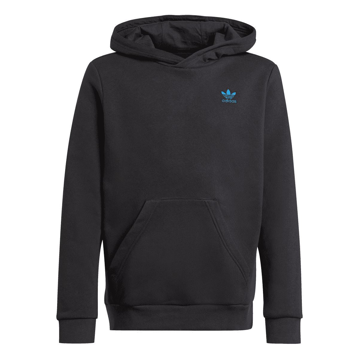 Black junior logo hoodie with kangaroo pocket, drawstring hood, adidas trefoil on chest