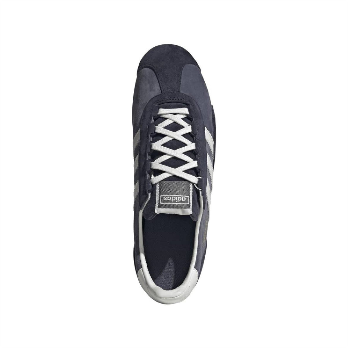 Navy lace-up sneaker with white laces and adidas tongue label