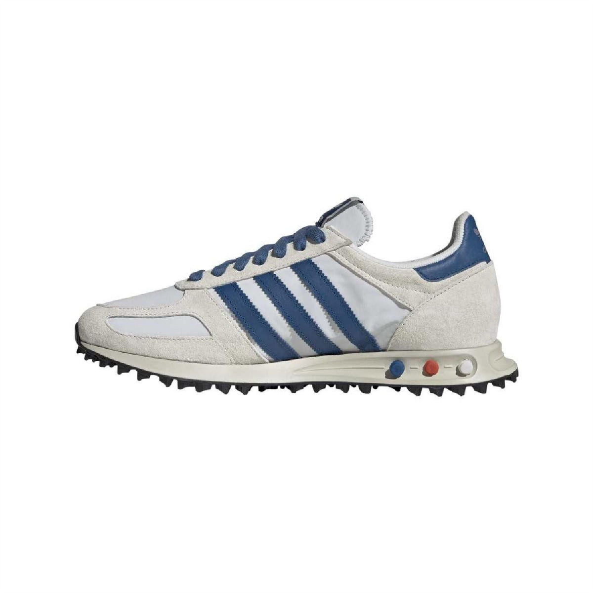 adidas Originals off-white sneakers with blue triple stripes and cushioned heel tabs