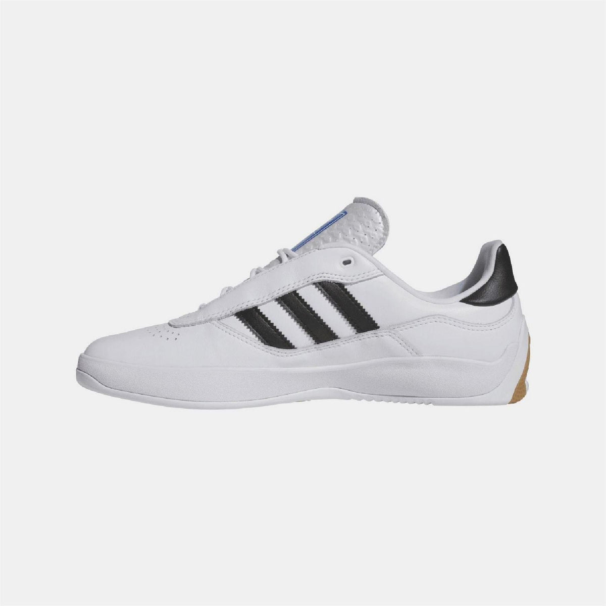 White adidas Originals trainers, black 3-Stripes side and blue-trim heel collar
