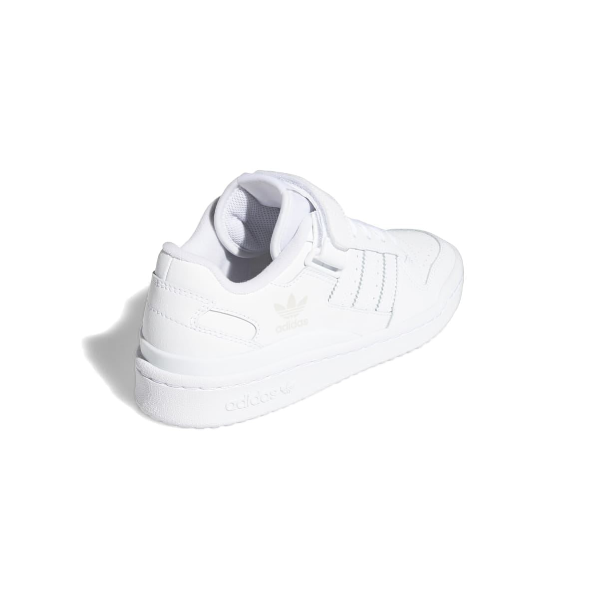 White kids low-top trainer rear view with collar padding and three-stripe details