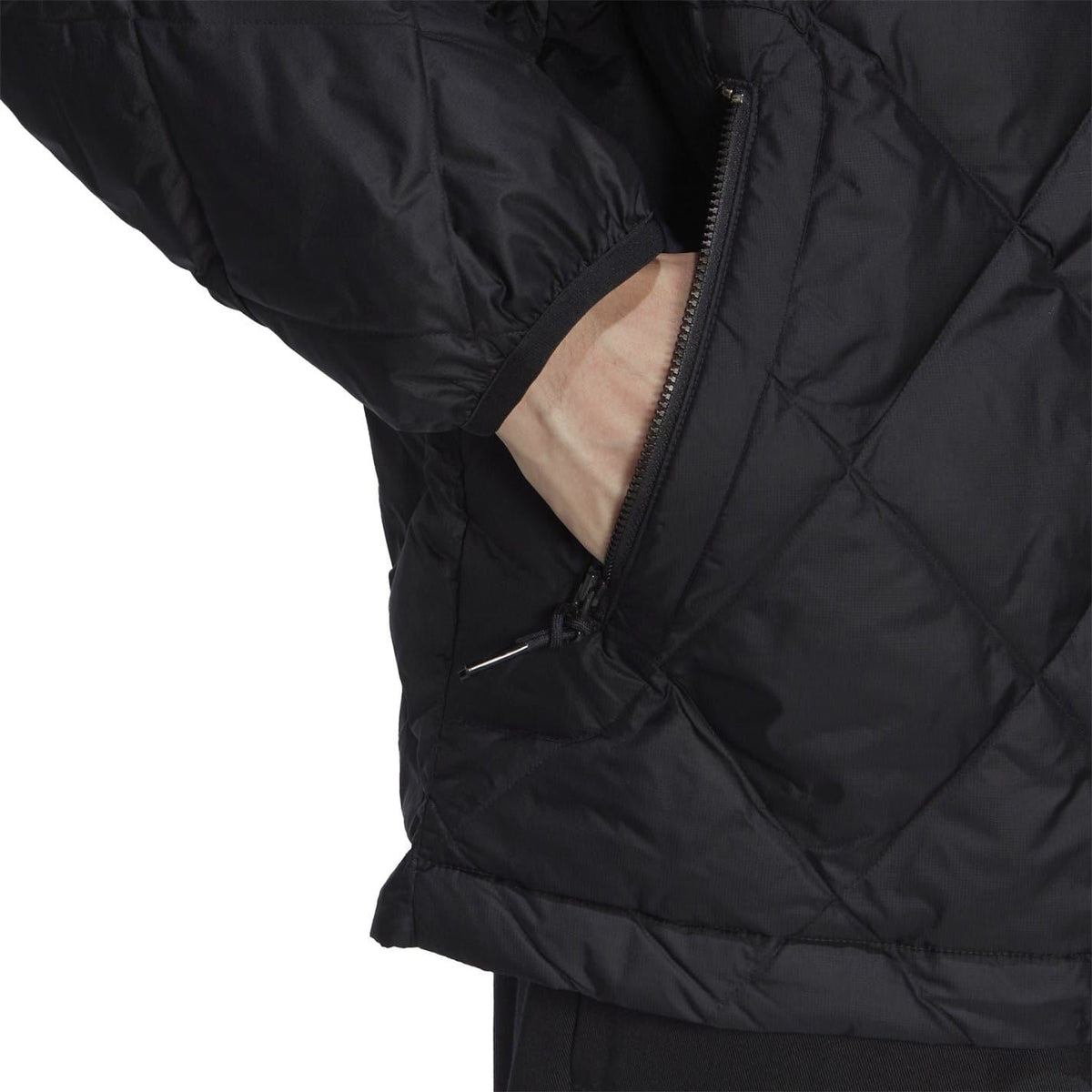 adidas Originals hooded regular fit down jacket shown in black, with zip closure and quilted design for warmth and style