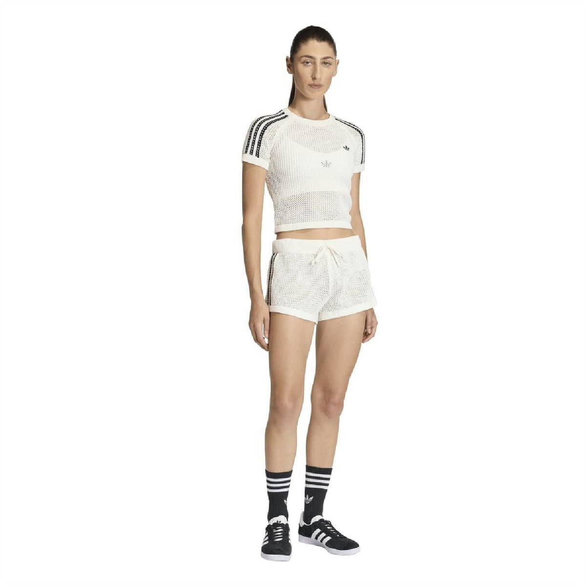 Off-white knitted crochet T-shirt with ribbed crew neck, adidas trefoil, and black shoulder stripes