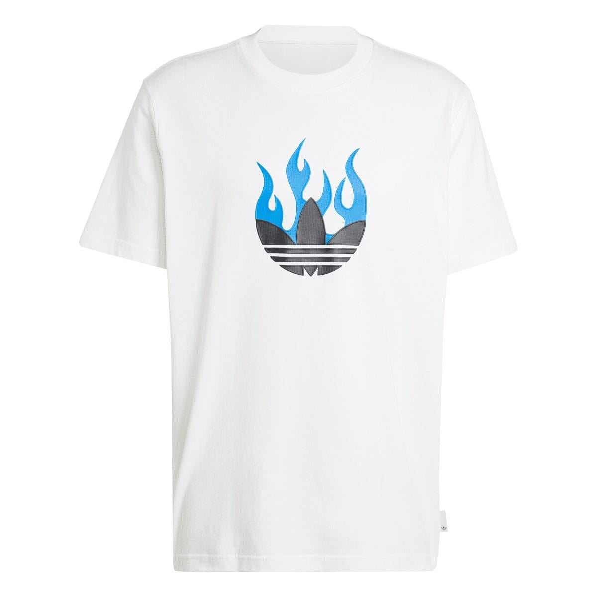 White crewneck T-shirt with large blue flame trefoil graphic on front